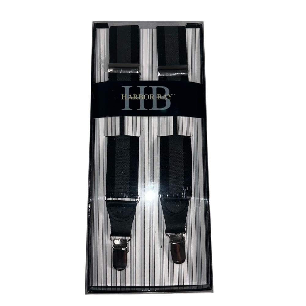 NWT Harbor Bay Suspenders‎ Mens Size XL Black Grey Stripe Y-Back Adjustable